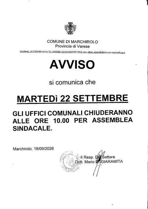 Avviso chiusura Uffici Comunali per assemblea sindacale
